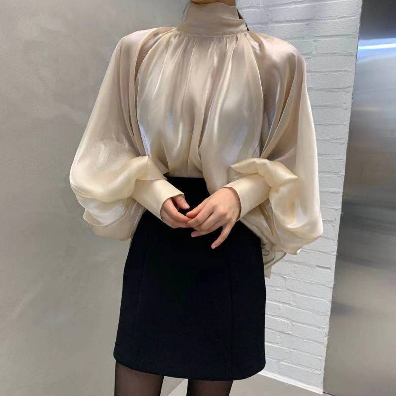 business casual outfits Spring NEW High Collar Back Lace-up Elegant Socialite Exaggerated Lantern Sleeve Shirt Loose Shirt