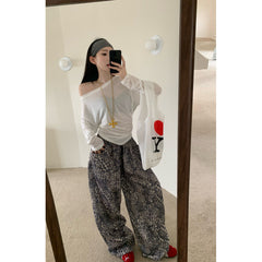 brunch outfit fall American Retro Leopard Print Wide-Leg Pants Women's Slimming Straight Pants Elastic Waist Casual Pants Sports Pants Mopping Pants