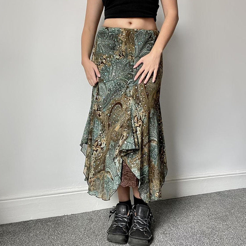 hoco outfits for guys Women's Retro American Style Contrast Color Pattern Irregular Skirt Double-Layer Stitching Design Long Skirt