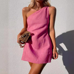 casual summer outfits Wishl New Women's Clothing New Solid Color Slim Temperament Commuter Shoulder Dress
