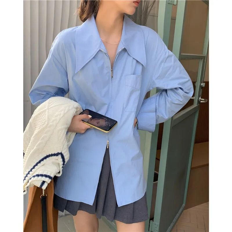 business casual outfits New High Design Large Lapel Zipper Shirt Pointed Collar Stacked Long Sleeve Shirt Lazy Style Blue Shirt for Women
