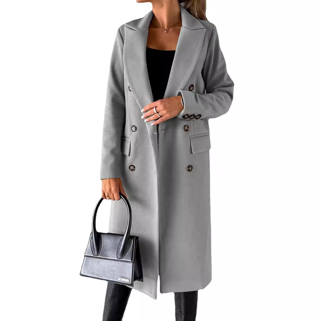 Autumn and Winter New Women's Long-Sleeved Lapel Solid Color Double-Breasted Slim Jacket Coat