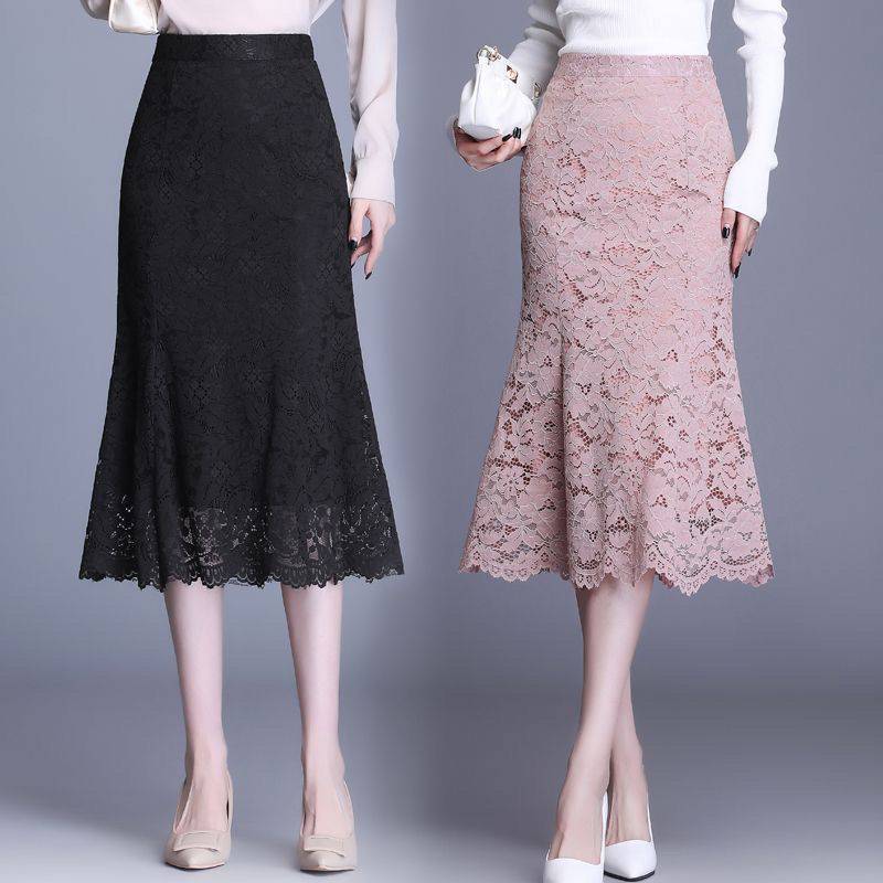 fashion outfits Pink Women's Lace Fishtail Skirt Autumn Skirt Elegant Mid-Length Hip Skirt Fashion