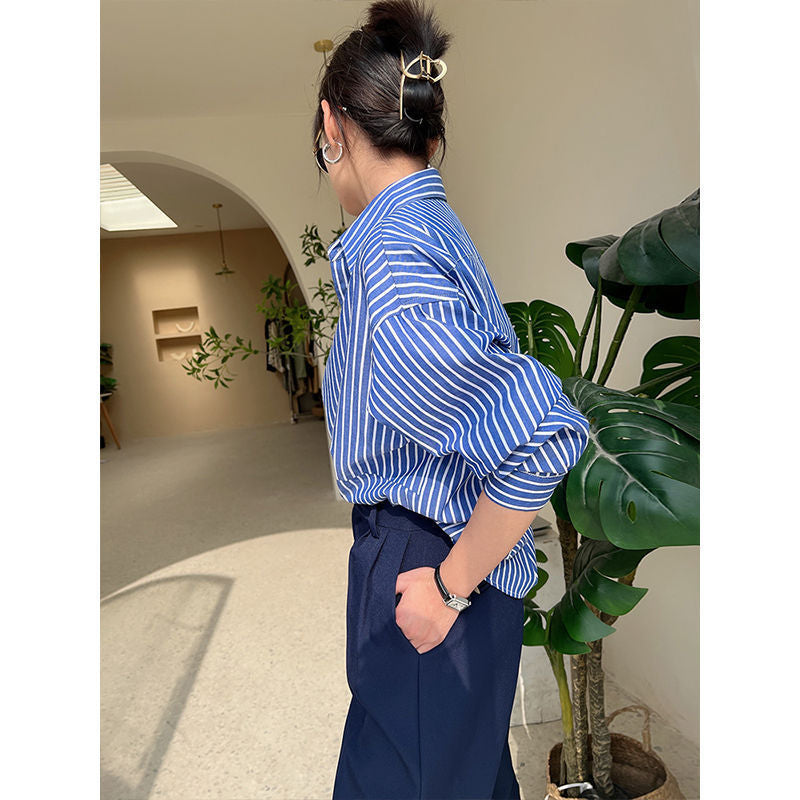 guys fits Blue Striped Shirt for Women Spring and Autumn Niche Loose Temperament Chic Shirt New Early Spring Top