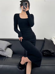 fashion outfits Autumn and Winter Korean Style Square Collar Long Sleeve Solid Color Mid-Length Dress High Waist Slimming Hip Skirt