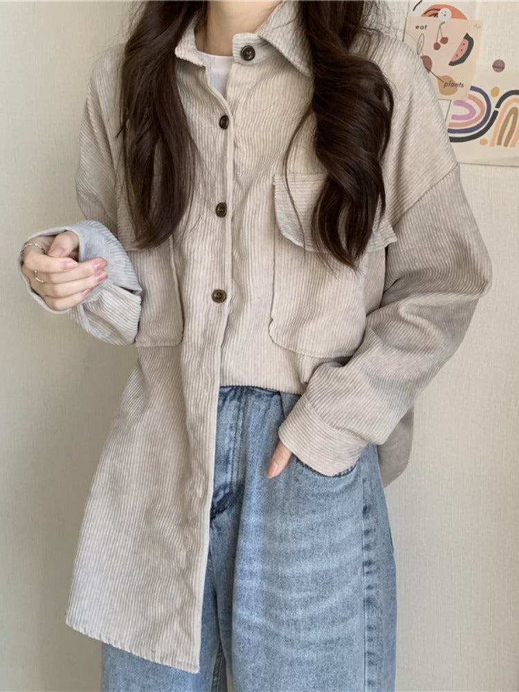 fall outfits aesthetic Early Spring Loose Mid-Length Shirt Retro Hong Kong Style Long Sleeve Corduroy Coat Women's Clothing Design Sense Niche Shirt