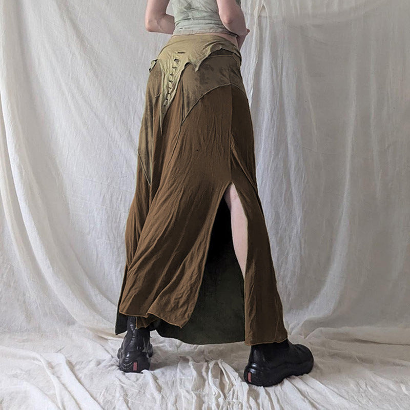 pop culture dress to impress Mori Retro Style Irregular Patch Stitching Long Fishtail Skirt Elegant Hot Girl Niche Design Split Skirt