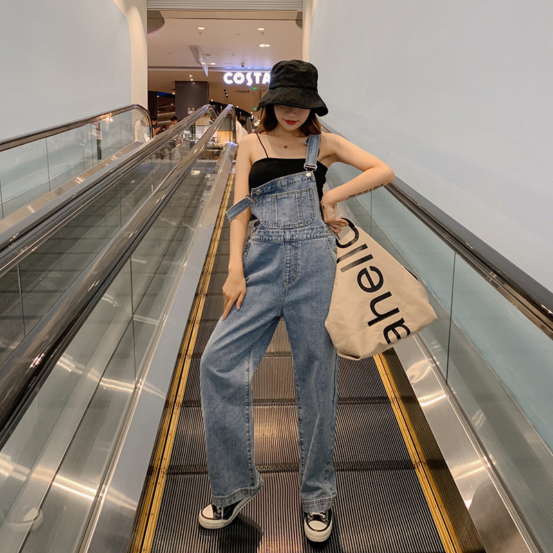 summer outfits inspo Internet Celebrity Retro Straight Denim Suspender Pants Women's Summer Korean Style Hong Kong Style Loose Draping Western Style Age-Reducing Wide Leg Pants