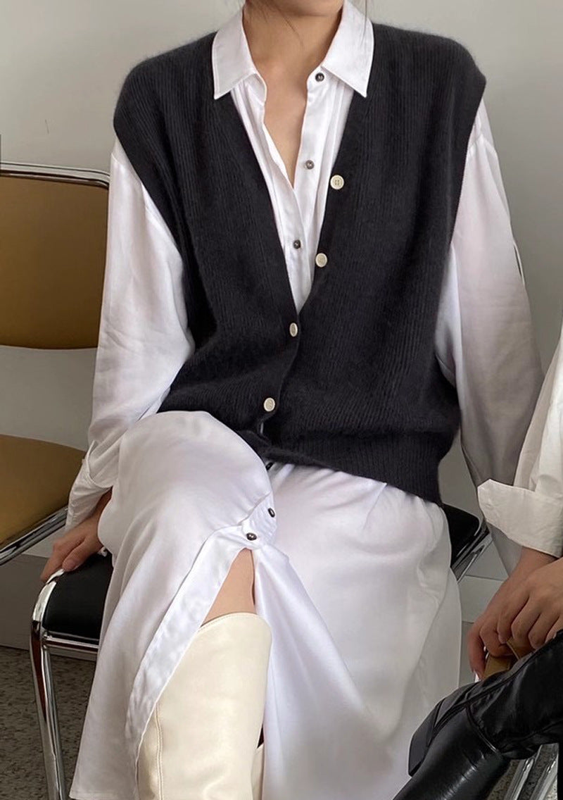 90s streetwear Korean Style New Autumn and Winter round Neck Loose Wool Sweater Vest Women's Sleeveless Cardigan Sweater Women's Vest Outer Wear