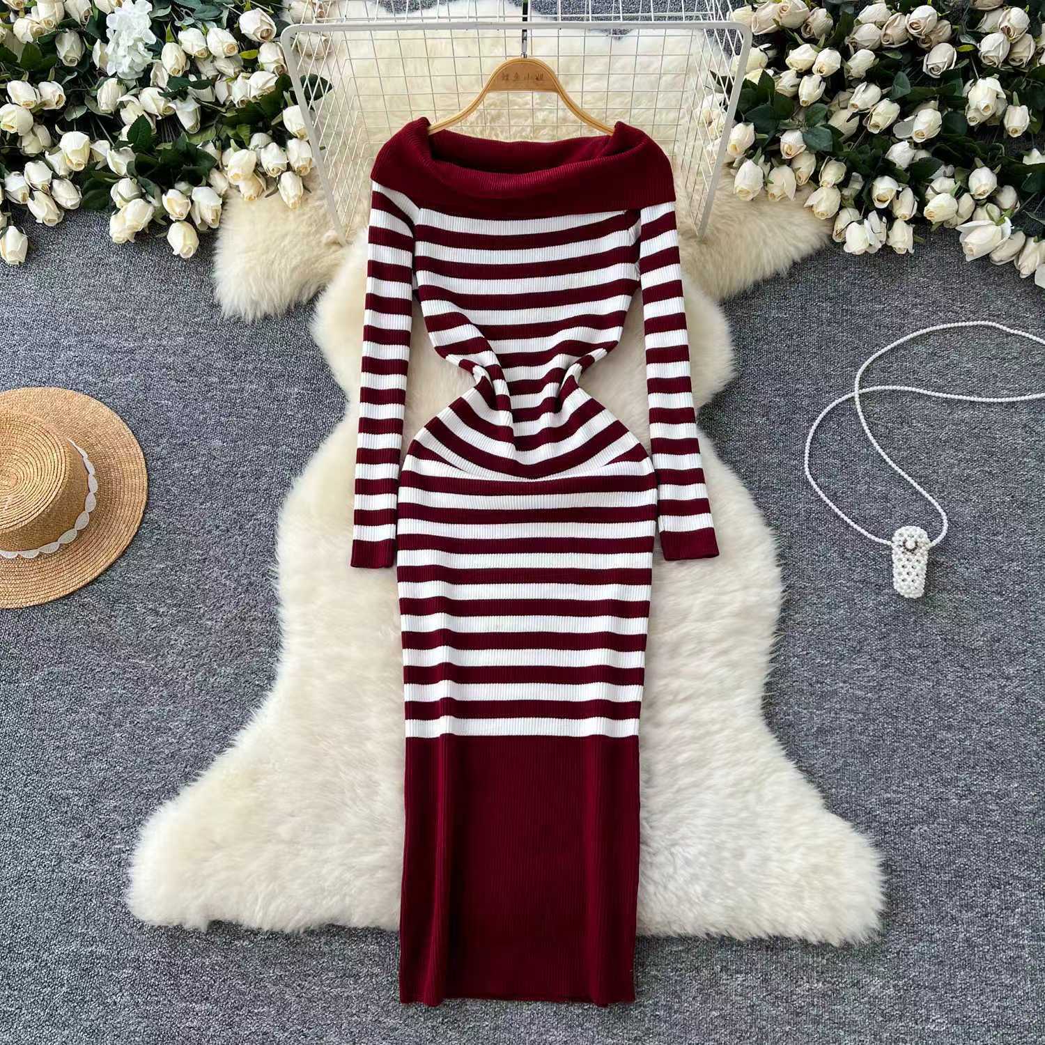 long sweater dress outfit Autumn and Winter Elegant Slim-Fit Sheath Slimming off-Shoulder Collarbone Black and White Stripe Knitted Dress