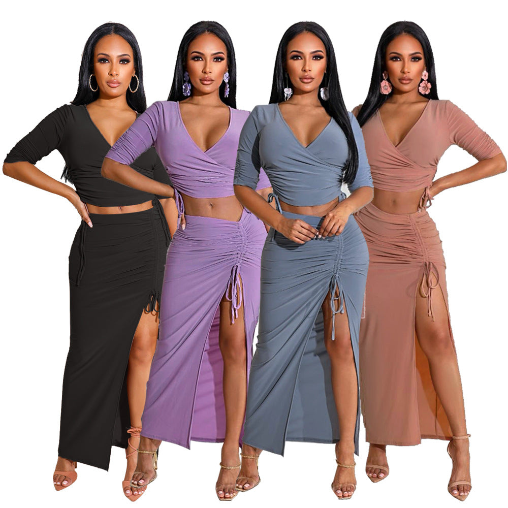 frat outfits Pleated V-neck T-shirt High Slit Drawstring Skirt Fashion Two-Piece Set