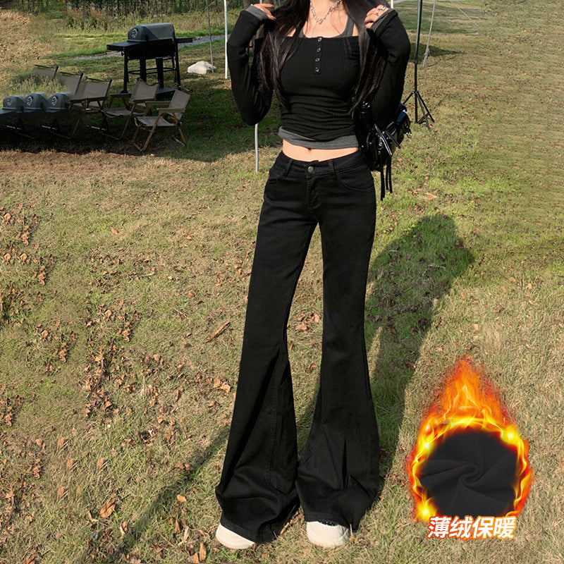 casual dinner outfit fall Autumn and Winter American Low Waist Thin Velvet Jeans Hot Girl Slim Elastic Slimming Flared Pants