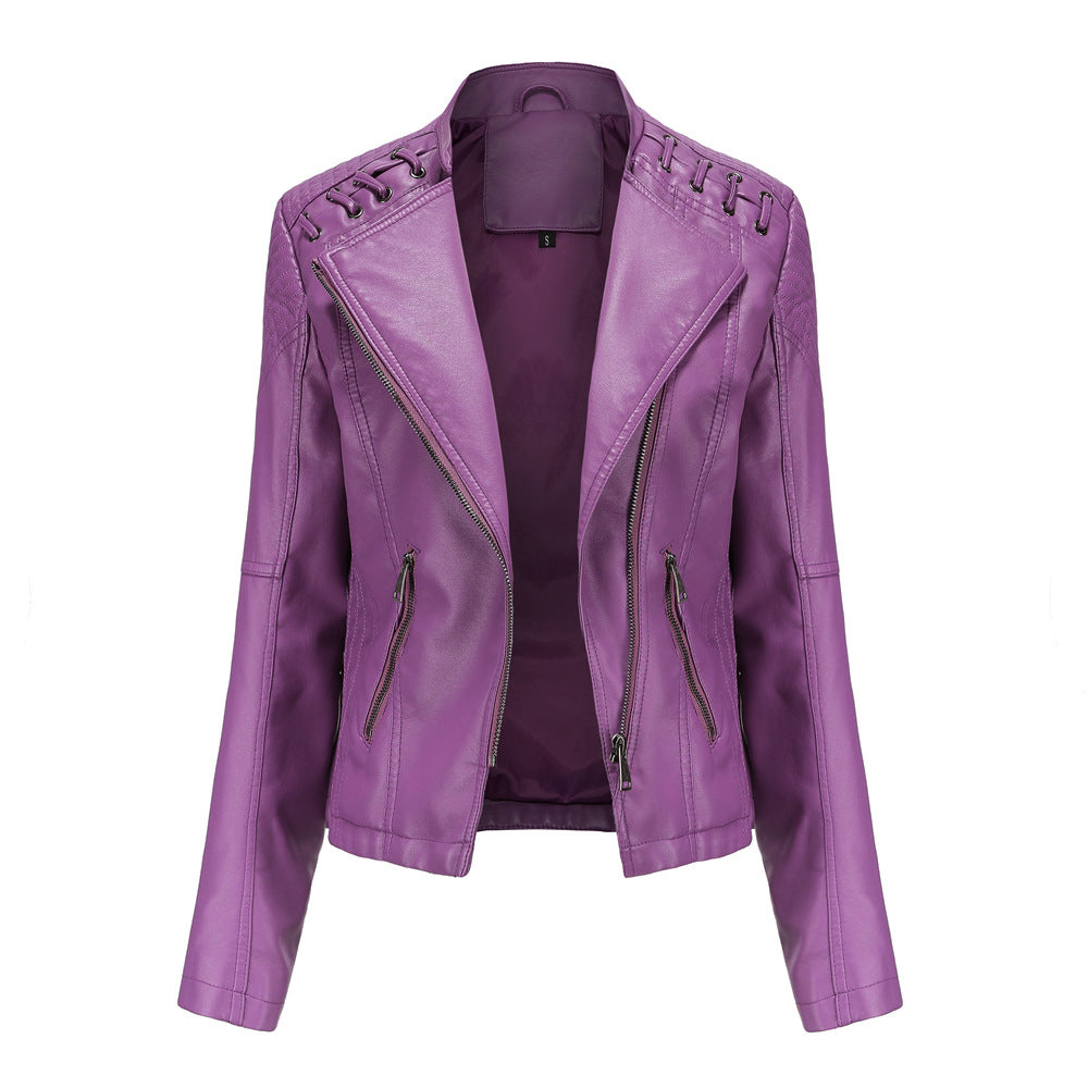 2000s fashion European Size New Spring and Autumn Women's Leather Jacket Women's Short Jacket Slim Thin Leather Jacket Women's Motorcycle Clothing