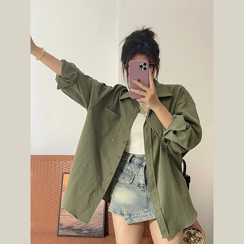 outfit ideas Retro Green Shirt Cardigan Coat for Women Spring and Autumn New Loose Long Sleeve Loose Top Shirt