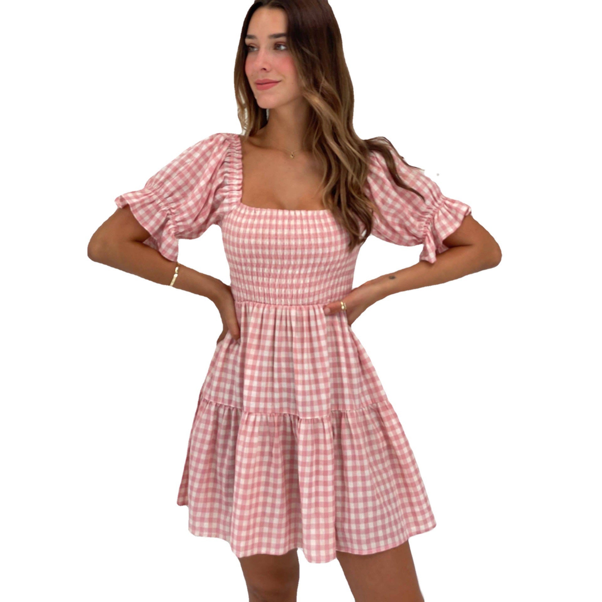 dorothy costume Women's Summer Plaid Printed Square Collar Puff Sleeve Pleated Corset Casual Dress