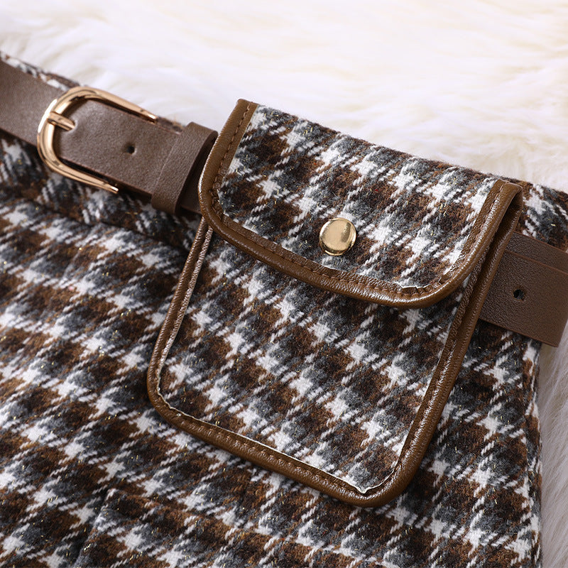 fall outfits Autumn Women's round Neck Knitted Slim Top Plaid with Belt Skirt Casual Suit