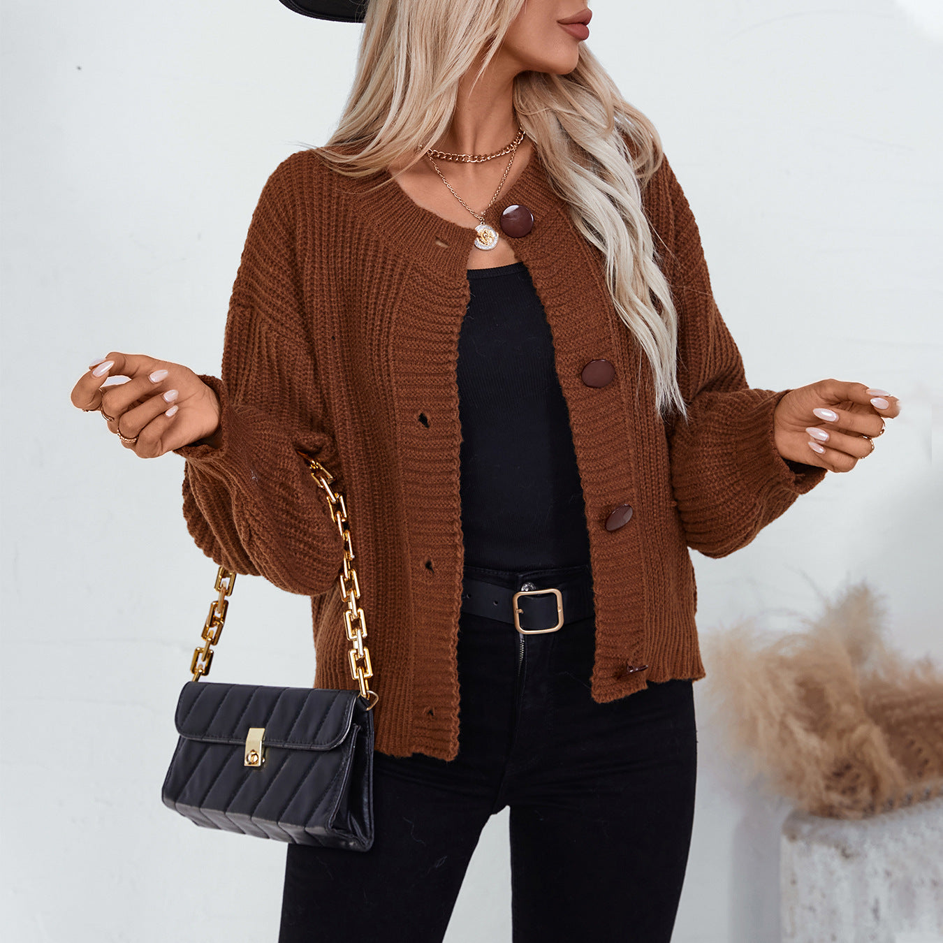 fall outfits women Autumn and Winter Solid Color Single-Breasted Knitted Cardigan Women's Loose Long-Sleeved Sweater Coat