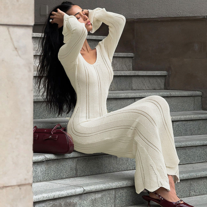 suit Style Solid Color Woolen Dress 2024 Autumn Long Sleeve U Collar Fashion Temperament Slim Fit Dress