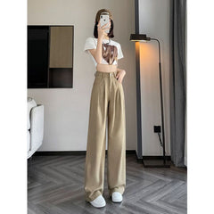 fall fashion Khaki Narrow Straight Jeans for Women Spring and Autumn New High Waist Small American Wide Leg Pants