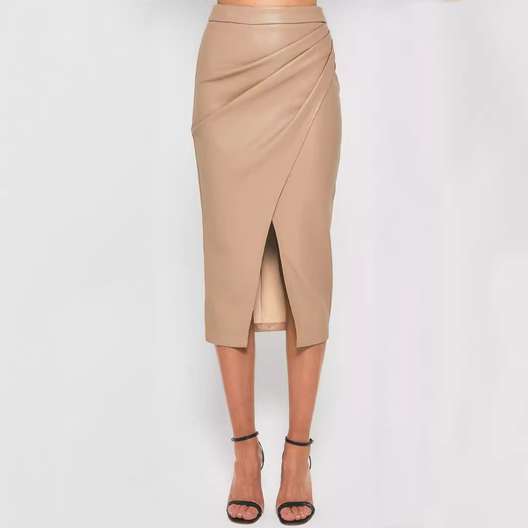 fall fashion outfits Women's Pu Split Skirt Autumn and Winter High Waist Zipper Pleated Leather Skirt Sexy Hip Skirt