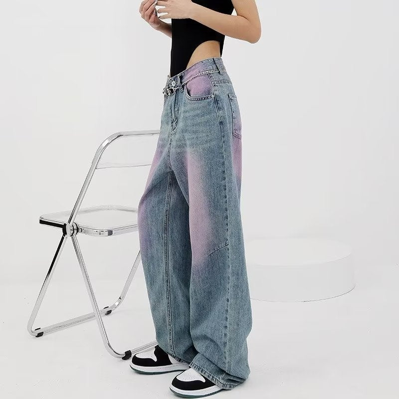 dream clothes American-Style High Street Washed Vintage Jeans Women's Summer New High-Grade Spray-Dyed Graffiti Straight Wide-Leg Mop Pants