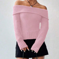 dream clothes off-Shoulder off-Shoulder Sweater Autumn and Winter Solid Color Thread Slim-Fit Long Sleeve Sweater