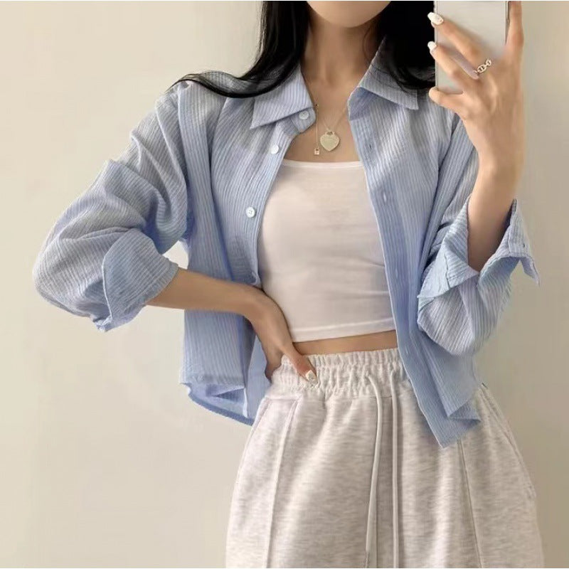 curvy casual outfits Spring and Autumn Blue Small Striped Shirt Long-Sleeved Shirt for Women