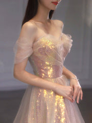 BXOXO A Line Tulle Sequin Long Prom Dress, Off Shoulder Formal Graduation Dress