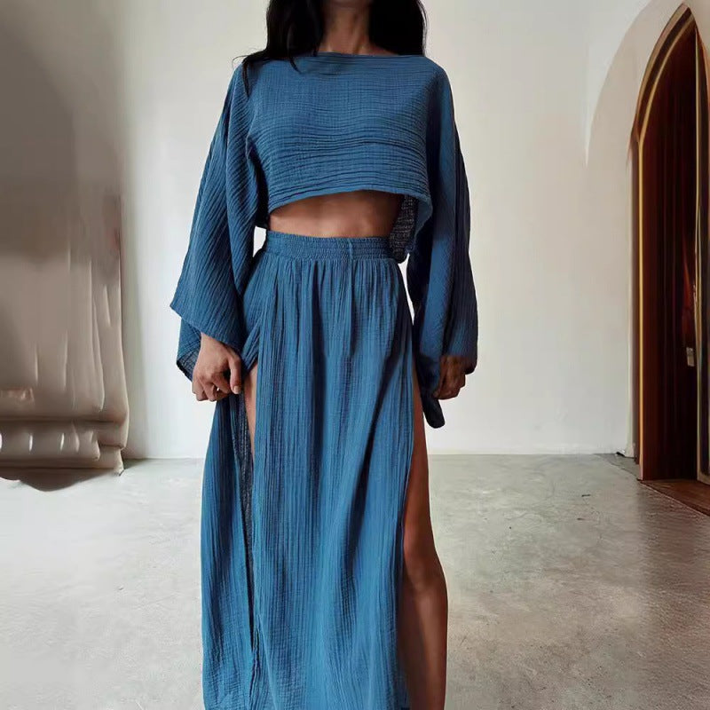 outfit ideas Leisure Vacation Linen Blend Short Top High Waist Chic Slit Cotton Linen Casual Two-Piece Set Suit