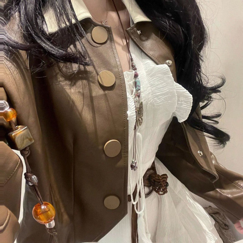 halloween costumes Small French Style White Short-Sleeved Dress Short Leather Coat Women's Sweet Summer Short Skirt Suit