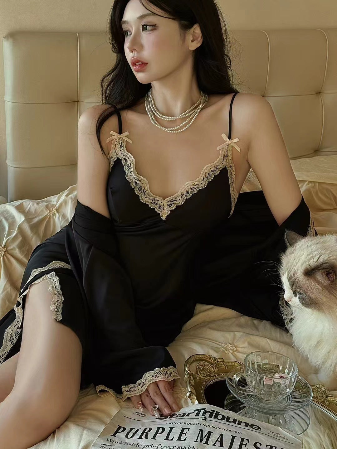 mcbling dress to impress Sexy Pajamas Women's Ice Silk Thin Lace Summer Suspender Nightdress Two-Piece Set