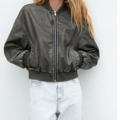 90s fashion Autumn New Y2K Women's Washed Distressed Effect Pilot Jacket Coat PU Leather Coat