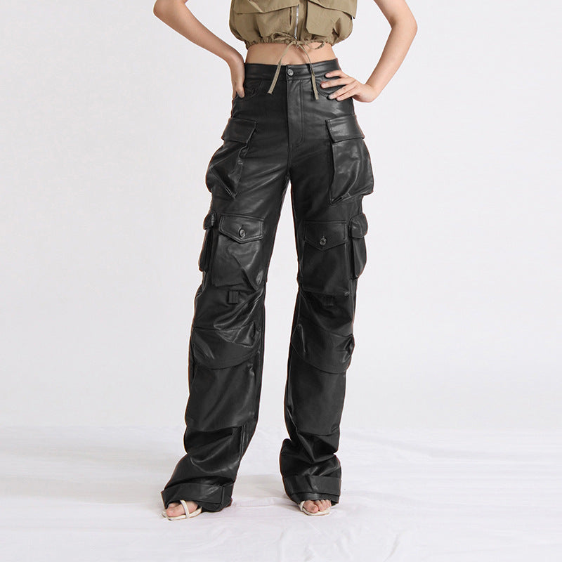 lookbook outfits Elegant High Waist Casual Leather Pants Spring New Fashion Design Stitching Pocket Loose Overalls for Women