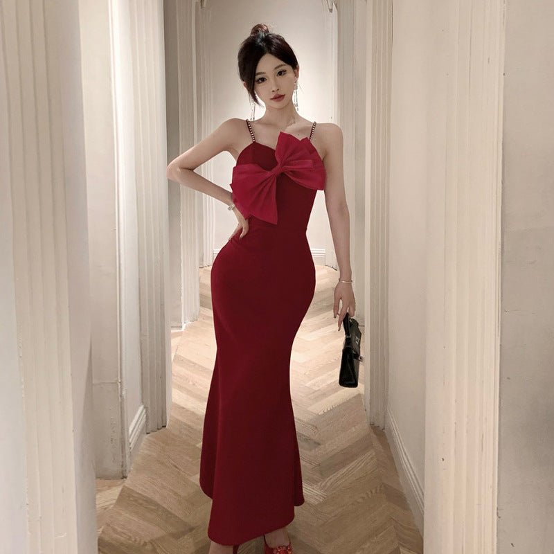 dress Women's Sexy Three-Dimensional Bow Beaded Evening Dress Sling Dress