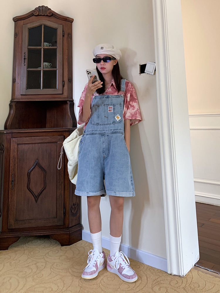 Denim Suspender Shorts Women's Summer College Style Net Red Loose Western Style Age-Reducing Cute Shorts