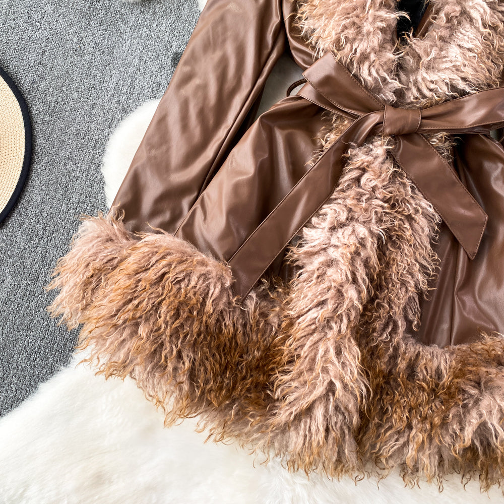 fall trends 2024 outfits Fur Integrated Retro Motorcycle Jacket Women's Autumn and Winter Loose Mid-Length Lace-up Thickened Fur Collar Jacket Top