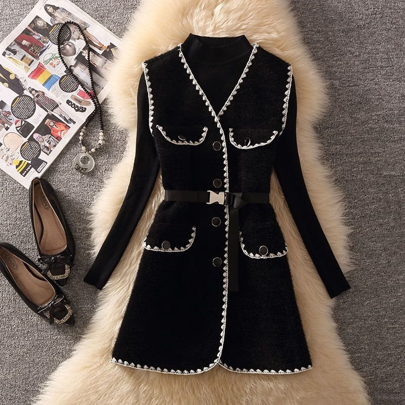barn jacket outfits Spring Contrast Color Woolen Vest Mid-Length Suit Women's Half Turtleneck Sweater Sweater Western Style Two-Piece Set