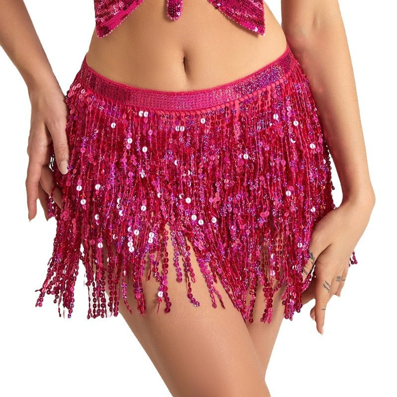 leapord halloween outfit Women's White Belly Dance Waist Chain Chiffon Four-Layer Sequined Belt Indian Dance Practice Performance Hip Towel Circumference