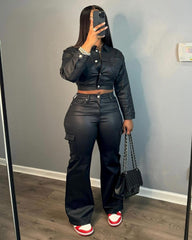 tailgate outfit black women Autumn and Winter Women's Suit Leather Coat Cardigan Sports Trousers Suit