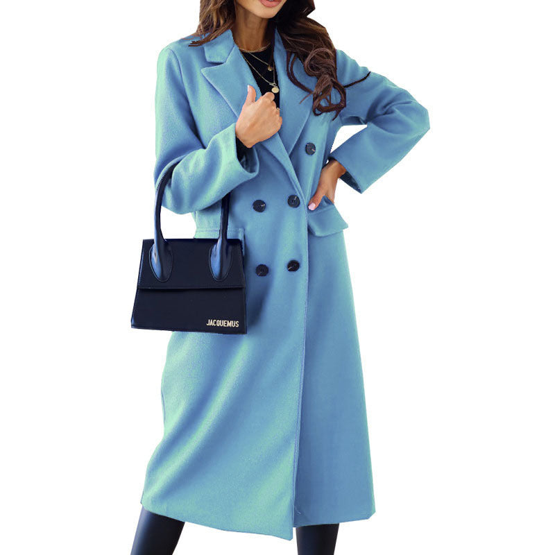 Autumn and Winter New Women's Simple Double-Breasted Long-Sleeved Lapel Button Woolen Coat