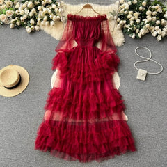 summer outfits inspo French Style High-Grade Ruffled Mesh Cake Dress Women's Waist Slimming Temperament off-Shoulder Super Fairy Long Skirt