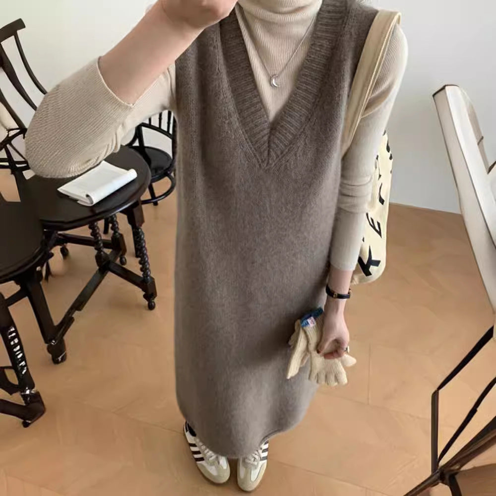 dress to impress outfits V-neck Long Vest Sleeveless Sweater Dress Women's Autumn and Winter Loose Belly Covering Temperament Mid-Length Knitted Skirt