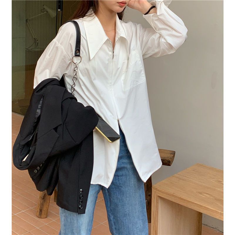 business casual outfits New High Design Large Lapel Zipper Shirt Pointed Collar Stacked Long Sleeve Shirt Lazy Style Blue Shirt for Women
