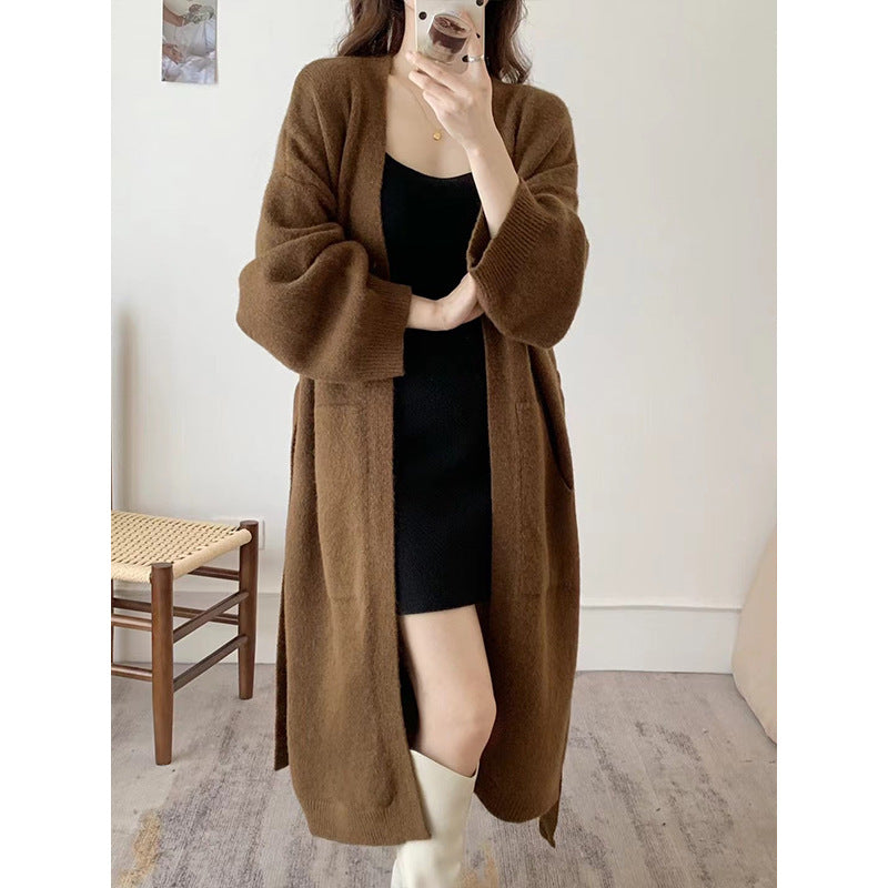 black sweater dress outfit Fashionable Loose Long over-the-Knee Knitted Cardigan for Women Autumn and Winter Lazy Temperament Sweater Coat Overcoat