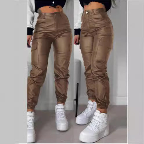 lookbook outfits Autumn and Summer Women's Motorcycle Zipper Pleated Pocket Fashion Pu Casual Patch Bag Tight Skinny Pants