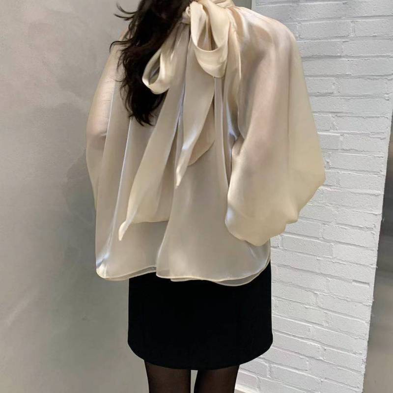 business casual outfits Spring NEW High Collar Back Lace-up Elegant Socialite Exaggerated Lantern Sleeve Shirt Loose Shirt