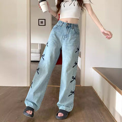 outfit ideas for school Street Korean Style Washed High Waist Side Vertical Bow Loose Wide Leg Jeans Trousers