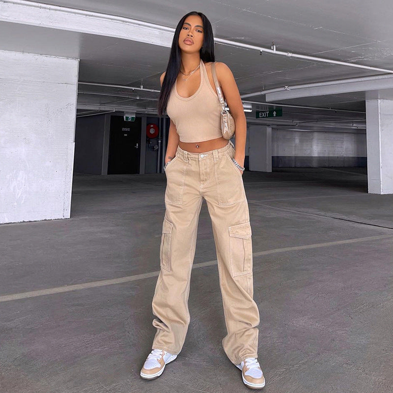 college outfits Women's Street Fashion Multi-Pocket Workwear Straight Trousers High Waist Slimming Loose Khaki Jeans for Women