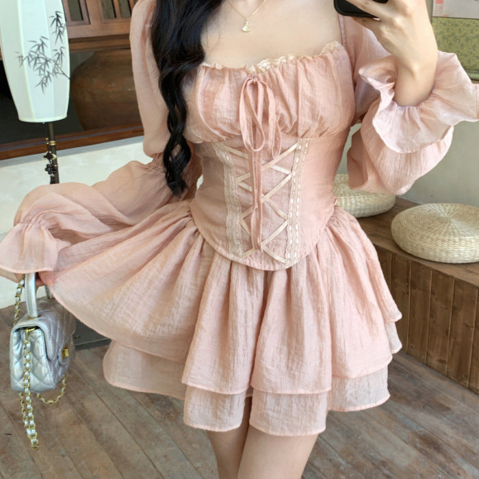 prom dresses Lace Puff Sleeve Long Sleeve Square Collar Shirt Top Women's Autumn Chic Sweet Spicy Suit Skirt Two-Piece Set