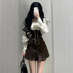fbi agent costume Early Autumn Fashion Slimming Lantern Sleeve Fake Two-Piece Western Style Tight Waist Top High Waist Short Skirt Retro Two-Piece Suit